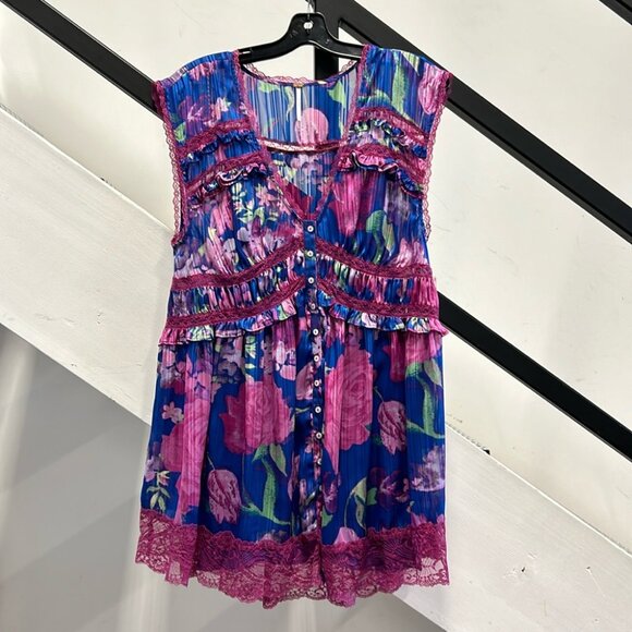 Free People Spring Fling Mini violet dress blue pink purple lace button up - Picture 1 of 6